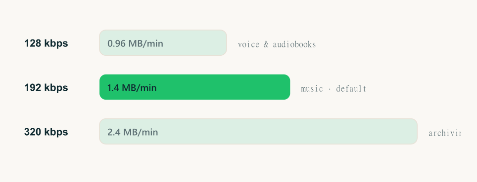 Size per minute at 128, 192, and 320 kbps — 192 kbps is the sweet spot for music